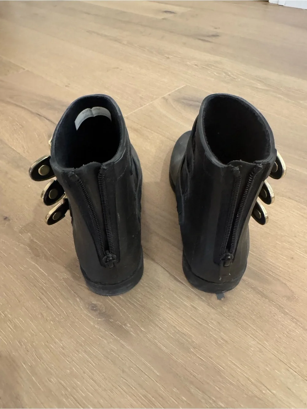 Loeffler Randall Women’s Black Ankle Boots with Gold Buckles waterproof